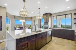 Bright modern kitchen with large island and panoramic windows
